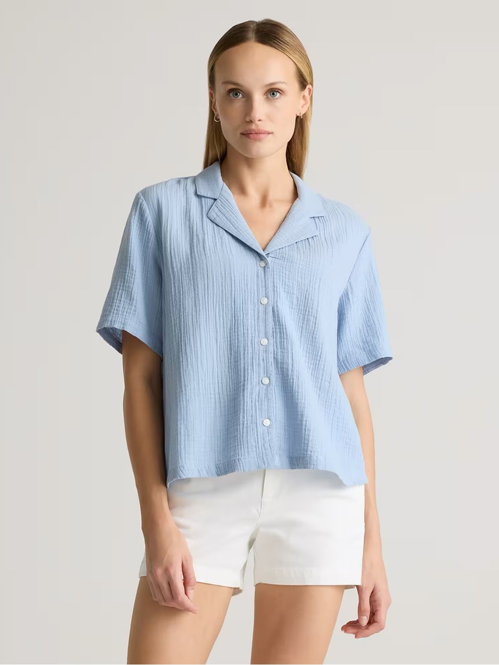 Quince Blue Button Down Short Sleeve Top